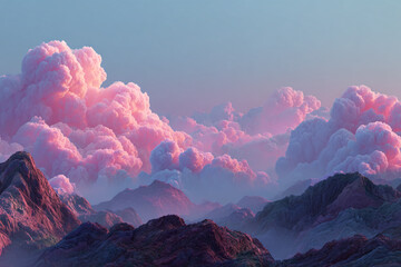 Pink and purple clouds float above rugged mountains at sunrise creating a vibrant and otherworldly landscape scene