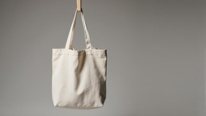 A canvas tote bag hangs from a wooden clip against a neutral gray backdrop