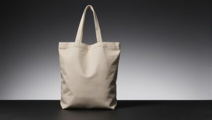 Neutral-toned canvas tote bag, front view, handle up, on a dark reflective surface