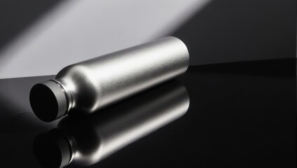 Metallic water bottle with a black cap on a reflective surface, lit by dramatic shadows