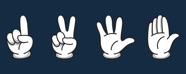 A set of cartoon white gloves. Retro icons of cute cursors in different poses. Vector isolated set of gesture illustrations.