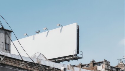 Blank billboard against clear sky, perched atop aging buildings. Cables and details visible
