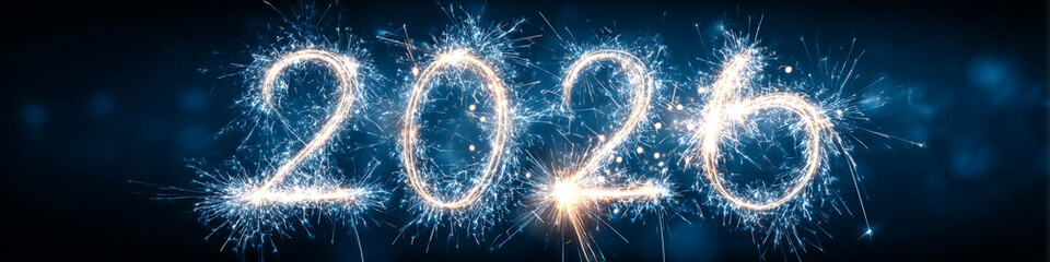 Naklejka premium Crisp vector sparks forming 2026 on deep blue backdrop