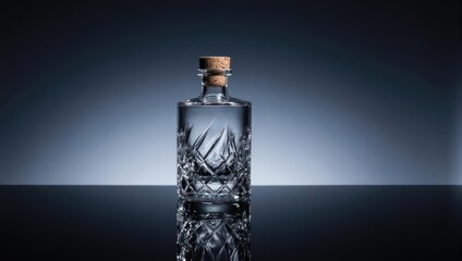 A crystal cut glass bottle with a cork stopper filled with clear liquid against a gradient backdrop