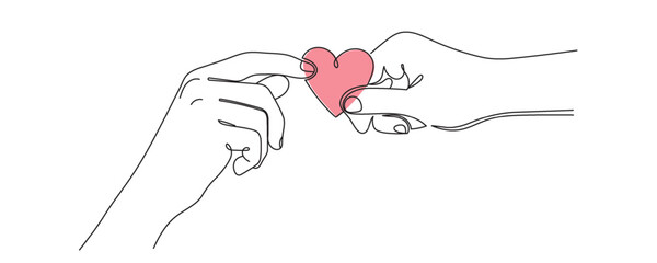 Hands holding a heart in one line style. Vector illustration.Editable line.