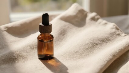 Amber glass dropper bottle sits on draped fabric, sunlit. Calm, natural, and spa-like vibe