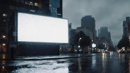 A rainy city street with a large, blank illuminated billboard and tall buildings in the distance