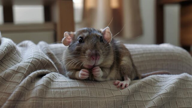 Close up view of a cute dumbo rat sitting on a soft beige blanket. The domestic rodent looks calm and cozy. Perfect for pet care articles and animal lovers.