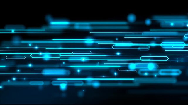 Bright blue digital lines create a dynamic background during a fast-paced tech presentation in a modern venue