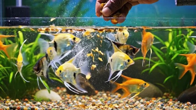 Hand dropping food flakes for hungry gold angelfish in aquarium. Scene depicts pet care routine and aquatic hobby. Ideal for pet store advertisements and fishkeeping blogs.
