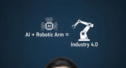 Ai and robotic arm integration for industry 4.0 showcasing artificial intelligence automation and modern manufacturing technology on a dark blue background with a futuristic design concept