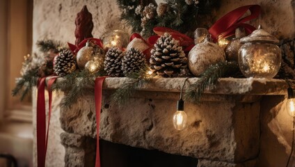 A festive mantelpiece adorned with ornaments, pine cones, garlands, lights, and ribbons
