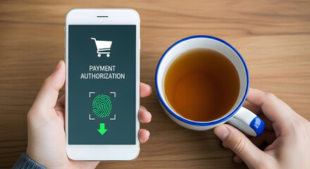 Hand holding smartphone with payment authorization screen and fingerprint scan next to a cup of tea on a wooden table showcasing mobile payment technology and secure online transactions