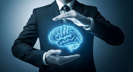 Businessman protects glowing brain hologram with hands symbolizing intelligence innovation and mental health awareness in a corporate setting with a focus on cognitive function and wellbeing