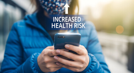Person wearing a mask checks their phone and sees a notification about increased health risk highlighting concerns about public health and the spread of disease during an outbreak situation