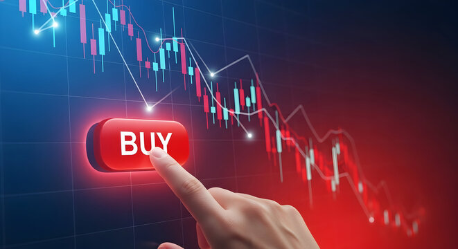 Hand presses a glowing red buy button against a backdrop of a downward trending stock market chart indicating a strategic investment opportunity during a market correction or dip for financial gains