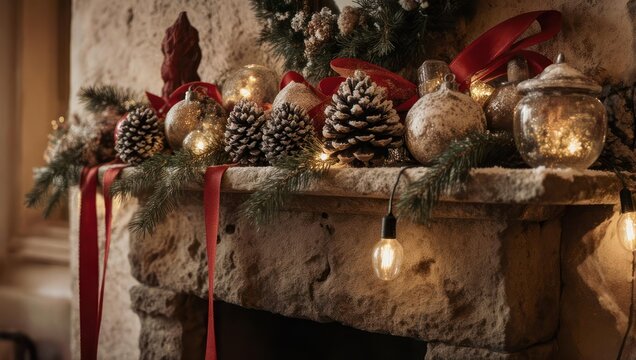 A festive mantelpiece adorned with ornaments, pine cones, garlands, lights, and ribbons - Powered by Adobe