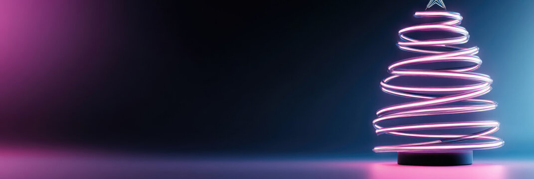 Abstract Christmas tree forms a futuristic neon light spiral, creating a vibrant glowing effect with pink, purple, and blue strips against a dark background, representing modern holiday celebration - Powered by Adobe