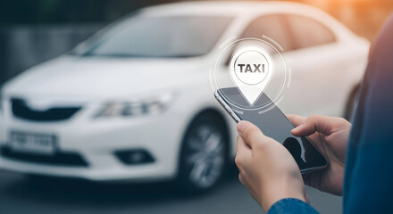 Person uses taxi app on smartphone to book a ride with a white car in the background showcasing modern transportation technology and convenience for urban travel and commuting needs