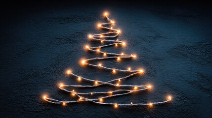 Christmas tree formed by glowing light spirals and sparkling dots, illuminating a dark festive background with a modern, artistic digital representation of holiday warmth and magic
