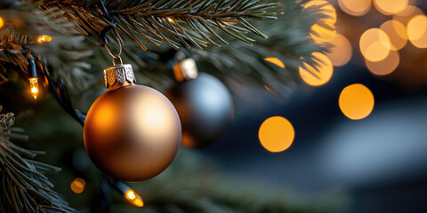 Colorful Christmas string lights decorating a pine branch, glowing with vibrant red, golden, and blue hues, creating a warm festive background for holiday season celebrations