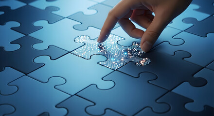 Hand places a glowing circuit board puzzle piece into a blue jigsaw puzzle symbolizing technology integration and problemsolving with a focus on innovation and connectivity