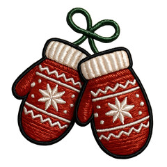 Embroidered Christmas Mittens Clipart &ndash; Red Winter Gloves, Festive Holiday Embroidery Design, High-Resolution PNG
