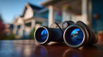 Binoculars on a Wooden Surface with Blurred Houses in the Background.