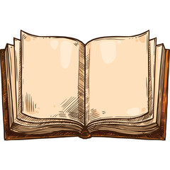 Open Antique Book With Blank Pages And Textured Paper Isolated On Transparent Background Detailed Sketch Illustration