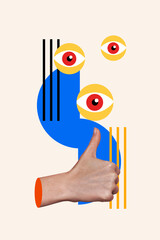 Creative retro 3d magazine collage image of hands show like eyeball stare third esoteric eyesight jewish control espionage