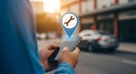 Person uses a mobile app to locate nearby auto repair services with a wrench icon on a map pin showcasing automotive assistance and roadside help via smartphone technology in an urban environment