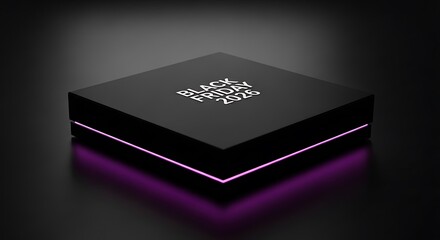 Black Friday 2026 futuristic product reveal on a sleek black box with neon purple light accents, teasing future sales and exclusive offers