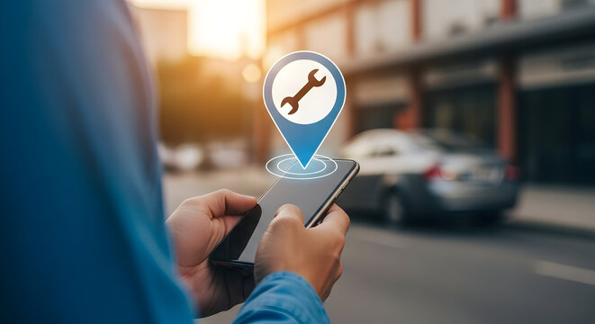 Person uses a mobile app to locate nearby auto repair services with a wrench icon on a map pin showcasing automotive assistance and roadside help via smartphone technology in an urban environment