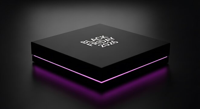 Black Friday 2026 futuristic product reveal on a sleek black box with neon purple light accents, teasing future sales and exclusive offers