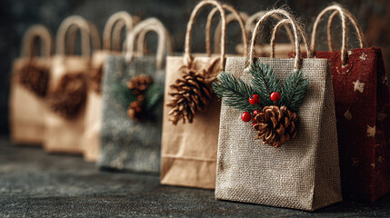 Christmas advent calendar gift bags in burlap with jute handles, pinecone and spruce accents, snowflake tags on weathered wood, warm bokeh lights creating a cozy, rustic scene