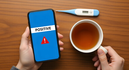 Hands hold phone displaying positive result next to tea and thermometer on wooden table suggesting illness and need for rest and care during recovery from sickness or virus infection