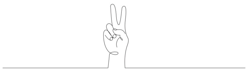 A hand gesture drawn in one line, a minimalist human hand gesture with two fingers raised upwards. Editable line