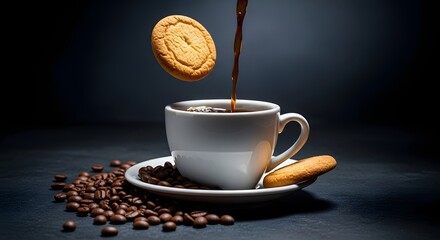 Pouring Coffee Perfection: Cookie, Beans, and Delicious Aroma