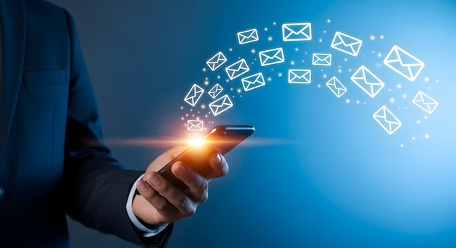 Businessman sends emails using a smartphone with a blue background and glowing mail icons showcasing mobile communication and digital marketing strategies for business growth and outreach