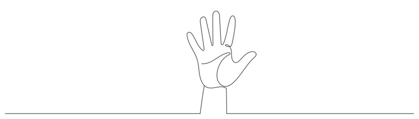 A single line drawing of a hand showing the number five. Five fingers. Editable line.