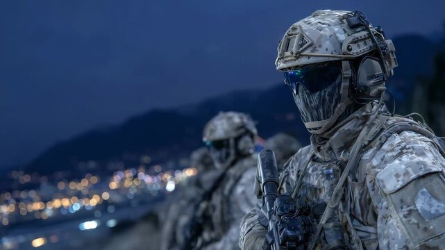 152Modern infantry unit standing in formation, night vision-equipped helmets glowing faintly green, tactical equipment detailed and pristine, background of military base under dusky s