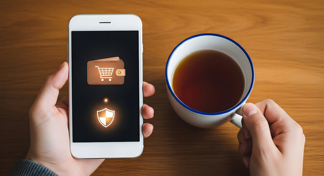Person using a mobile phone with a shopping cart wallet icon and security shield while enjoying a cup of tea showcasing secure online shopping and digital wallet technology on a wooden table