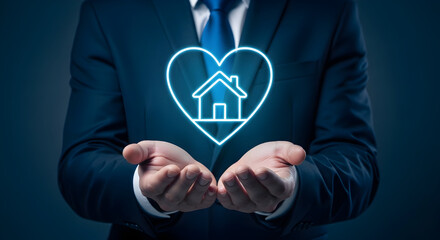 Man in suit presents a glowing house inside a heart shape symbolizing home real estate and insurance ideal for financial services and property investment marketing campaigns