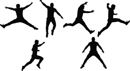 Jumping and running silhouette, black figure art, dynamic motion sequence, expressive posture, athletic gesture, movement study, physical energy, action concept