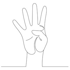 A single line drawing of a hand showing the number four. Four fingers. Editable line.