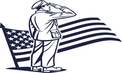 Stylized vector drawing of a military officer saluting the waving american flag, representing national pride and armed force respect, isolated on white background