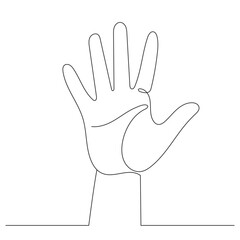 A single line drawing of a hand showing the number five. Five fingers. Editable line.