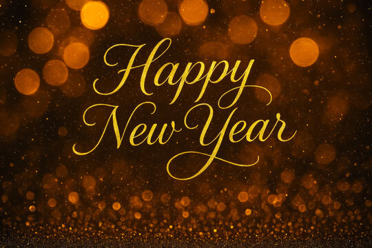 “Happy New Year” in Luxurious Golden Script with Warm Bokeh Effect