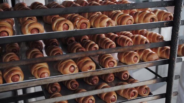 Fresh Sausage Rolls On Rack. Bakery production