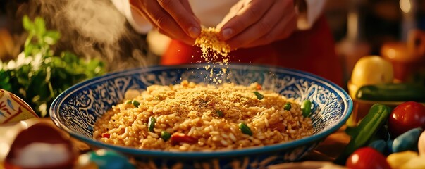 Plating risotto with crispy garnish.